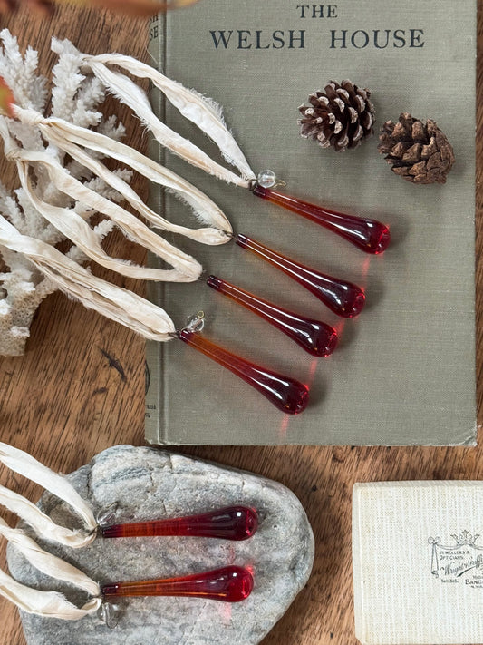 Antique Ruby Red Chandelier Glass Droplets - Set of 6