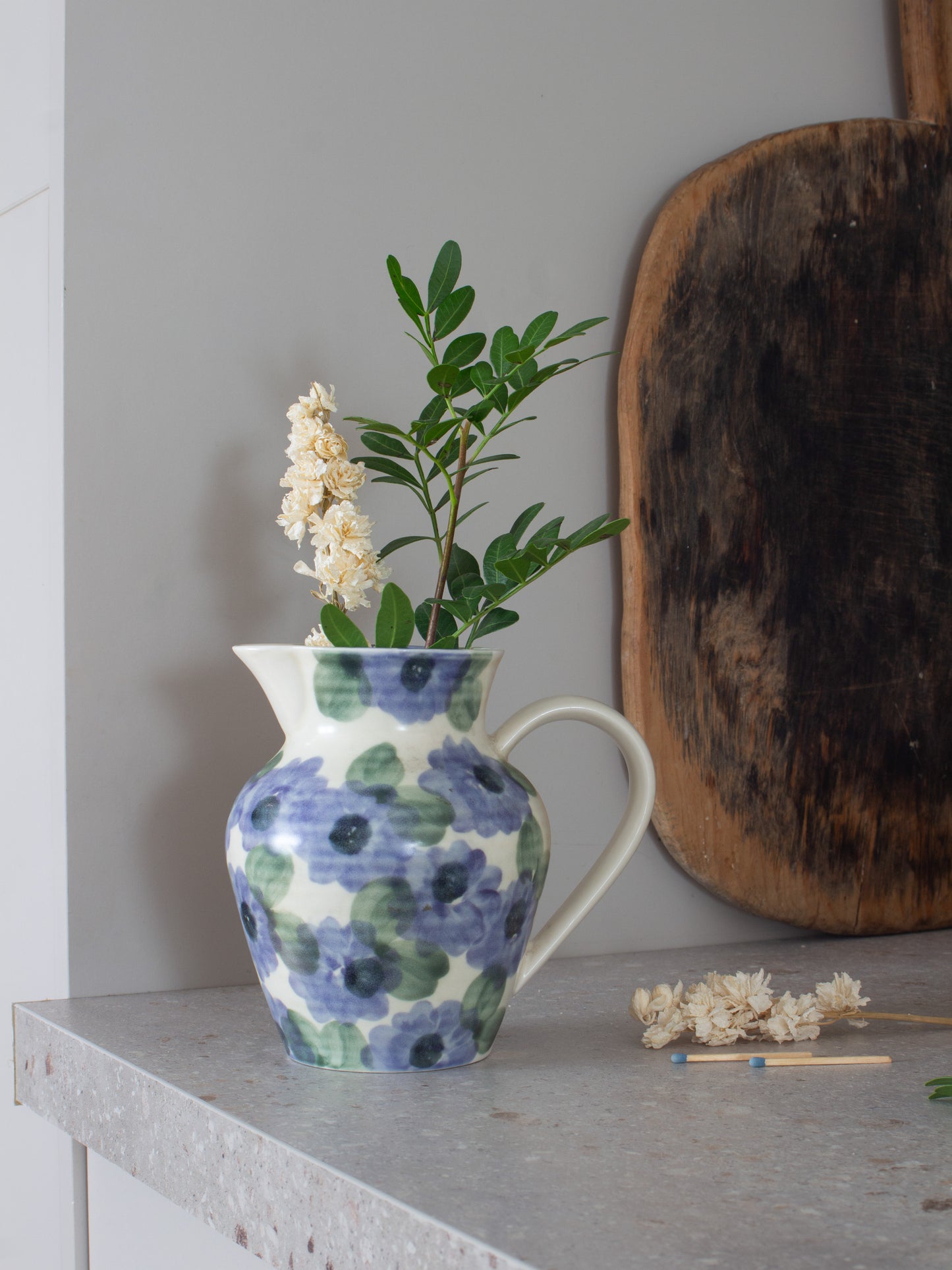 Vintage Ben Thomas Porcelain Blue Floral Jug, Handmade in England