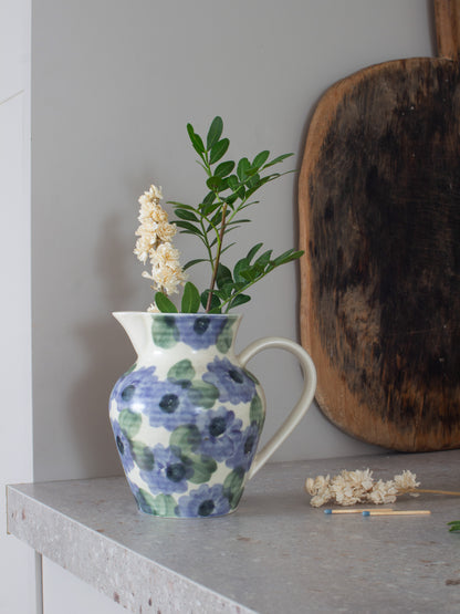 Vintage Ben Thomas Porcelain Blue Floral Jug, Handmade in England
