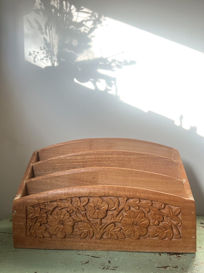 Midcentury Hand-Carved Floral Desk Tidy