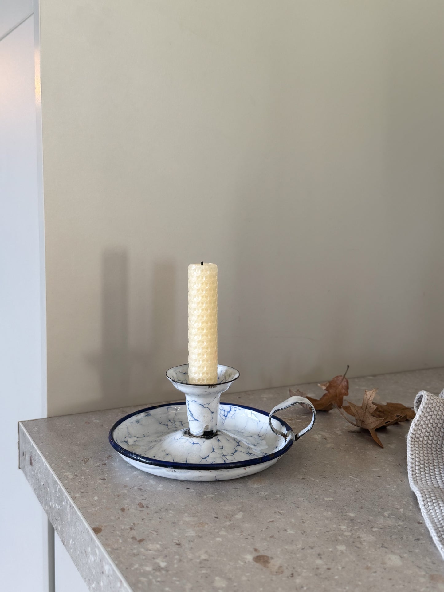 Vintage French Enamel Chamberstick - Blue Marbled with Navy Rim