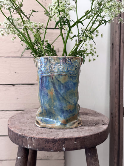 Incredible Studio Pottery Sculptural Vase with Impressed Floral Design, Signed C.Raven