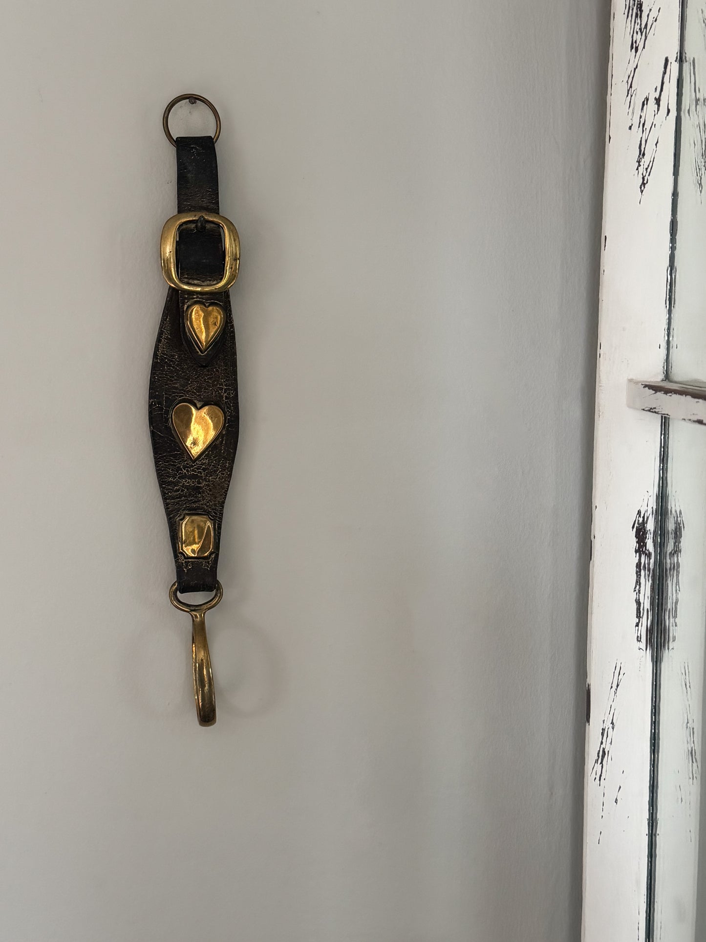 Vintage Folk Art Leather & Brass Heart Harness Strap