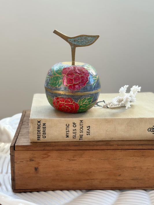 Vintage Brass Apple Trinket Box with Floral Enamel
