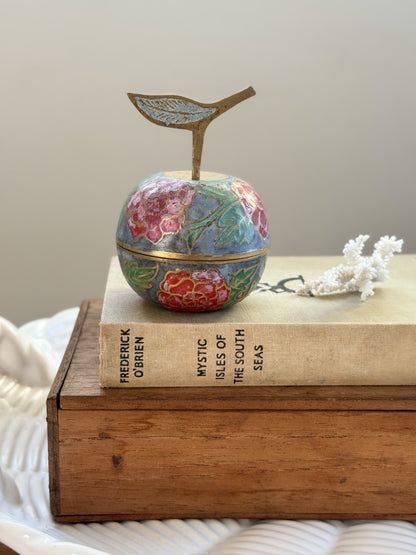 Vintage Brass Apple Trinket Box with Floral Enamel