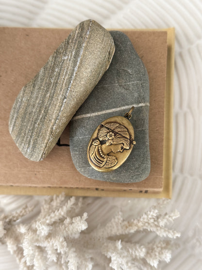Antique Victorian Brass Vesta Case • Portrait of Woman with Poppy Flower
