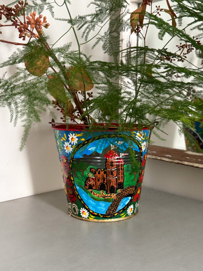 Vintage Hand-Painted Toleware Bucket - Folk Art Treasure