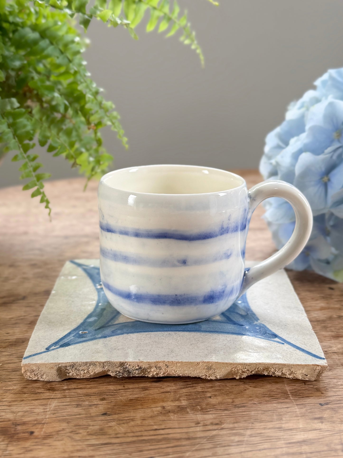 Vintage Studio Pottery Mug with Painterly Blue Waves