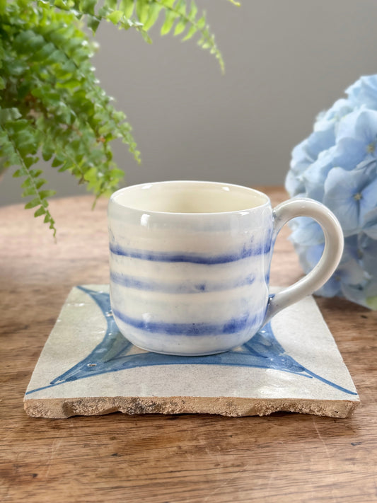 Vintage Studio Pottery Mug with Painterly Blue Waves
