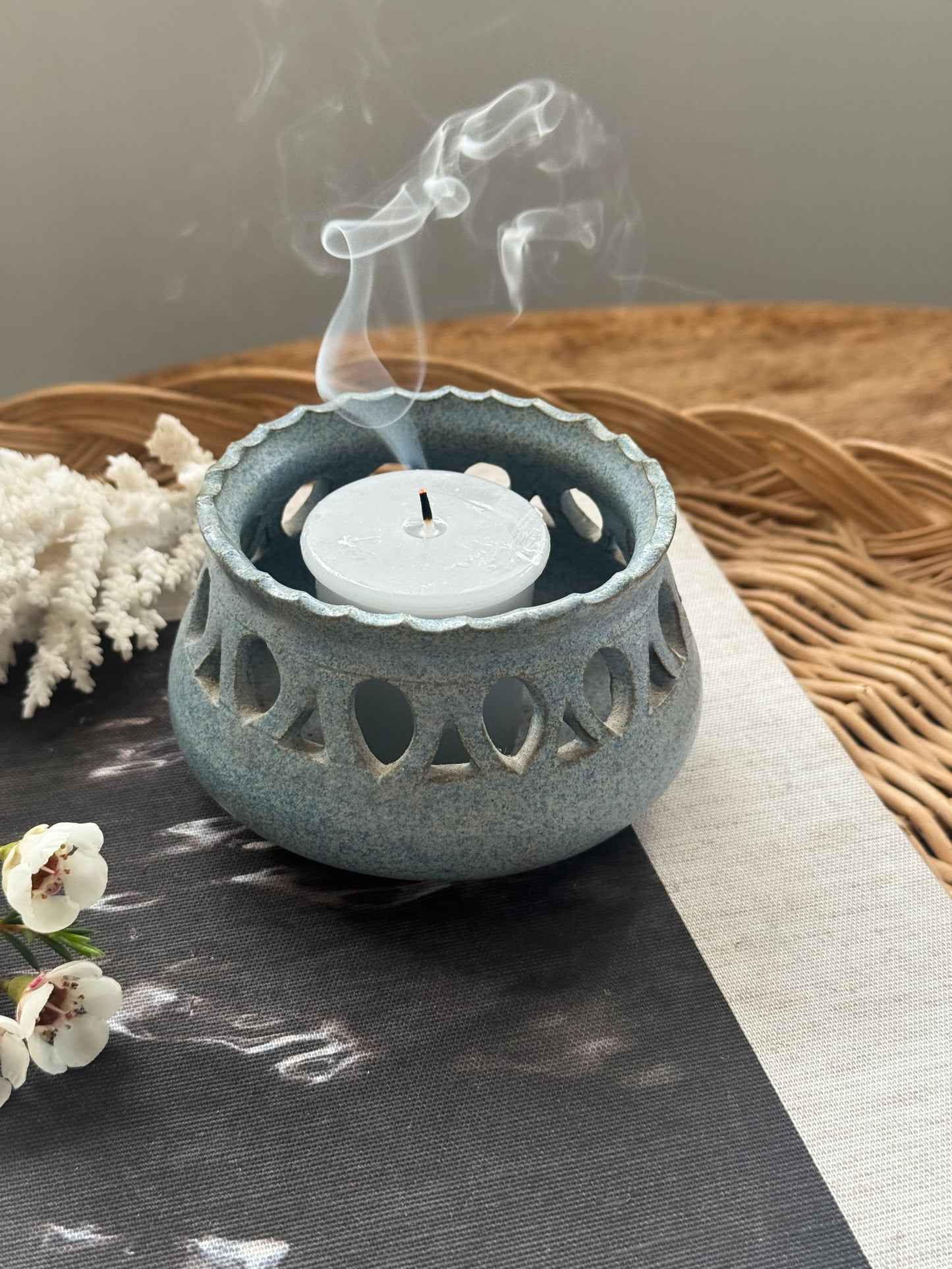 Vintage Studio Pottery Candle Holder - Speckled Blue