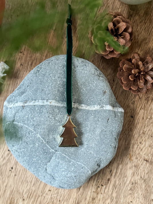 Vintage Brass Plated Decoration on Green Velvet Ribbon - Christmas Tree