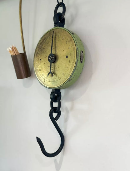 Vintage 1950s SALTER 235 Hanging Spring Balance Weighing Scale, 20lb Brass Face • Green Chippy Paint