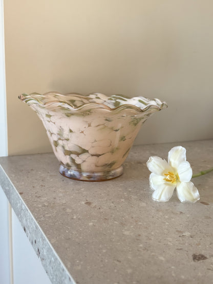 Vintage Handblown Art Glass Pastel Pink Spatter Glass Scalloped Bowl