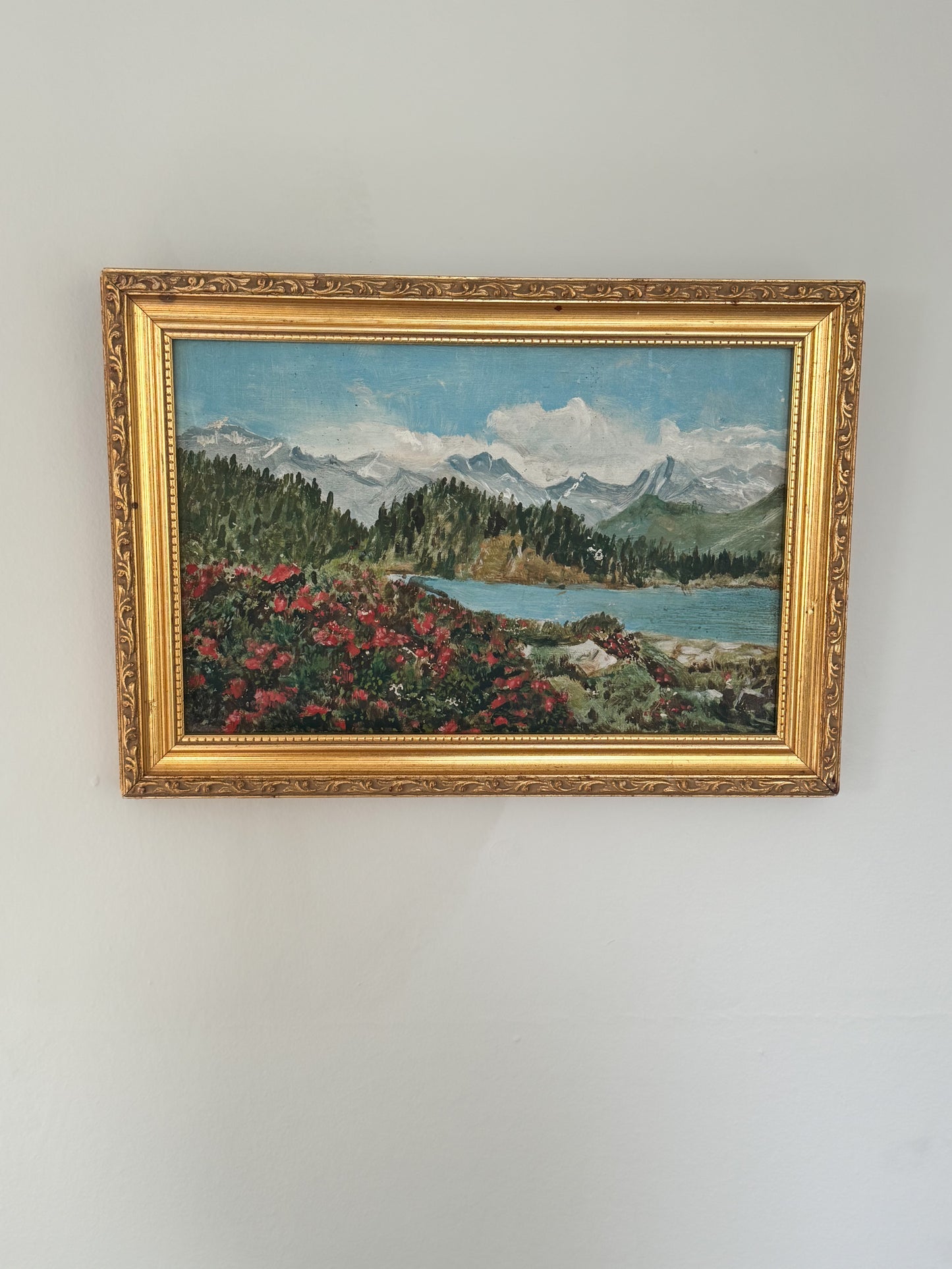 Vintage Framed Original Oil on Board Lakeside Floral Landscape