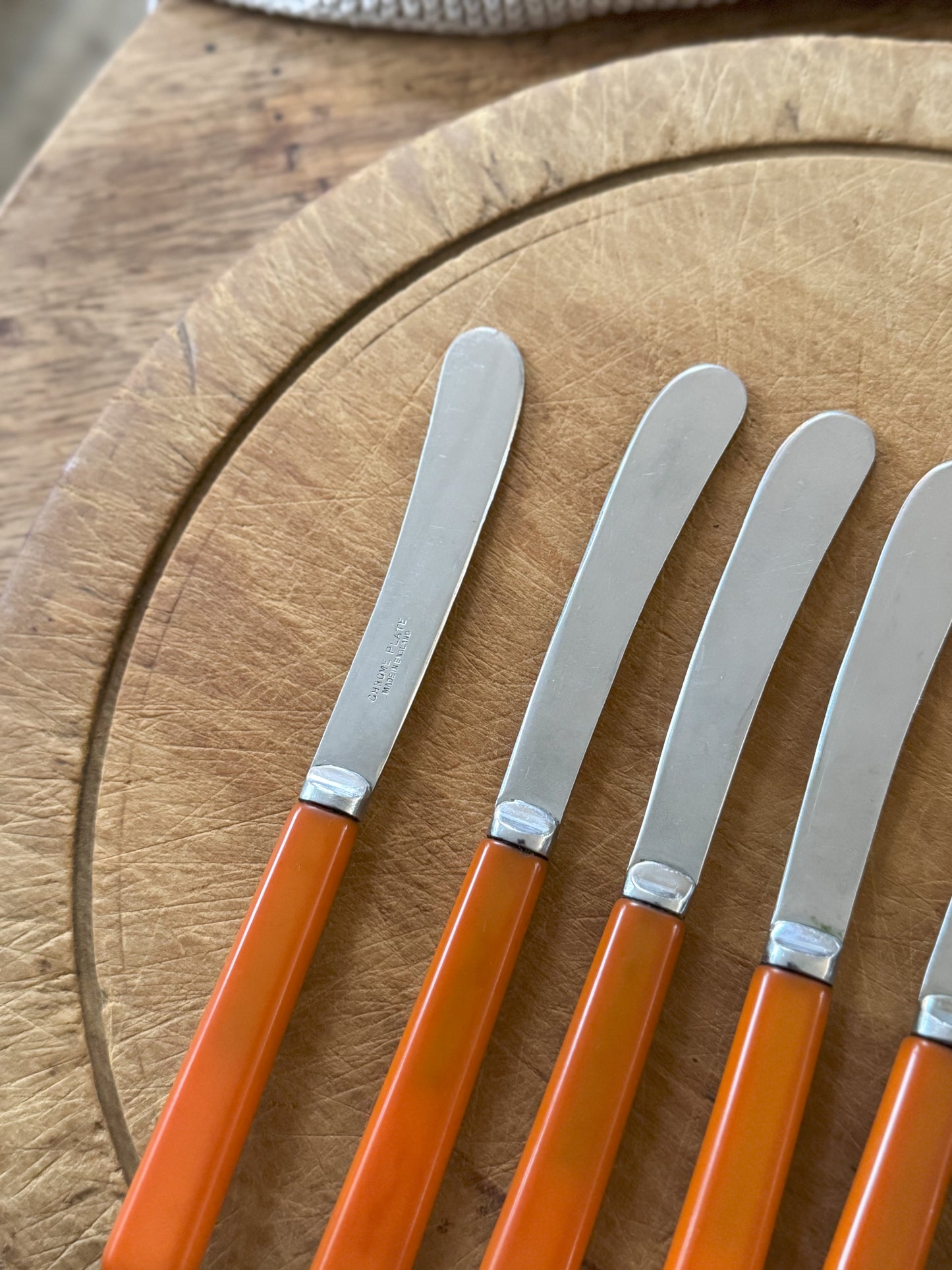 Vintage Orange Handled Chrome Plated Tea Knives, Butter Knives | Set of 6, Made in Sheffield