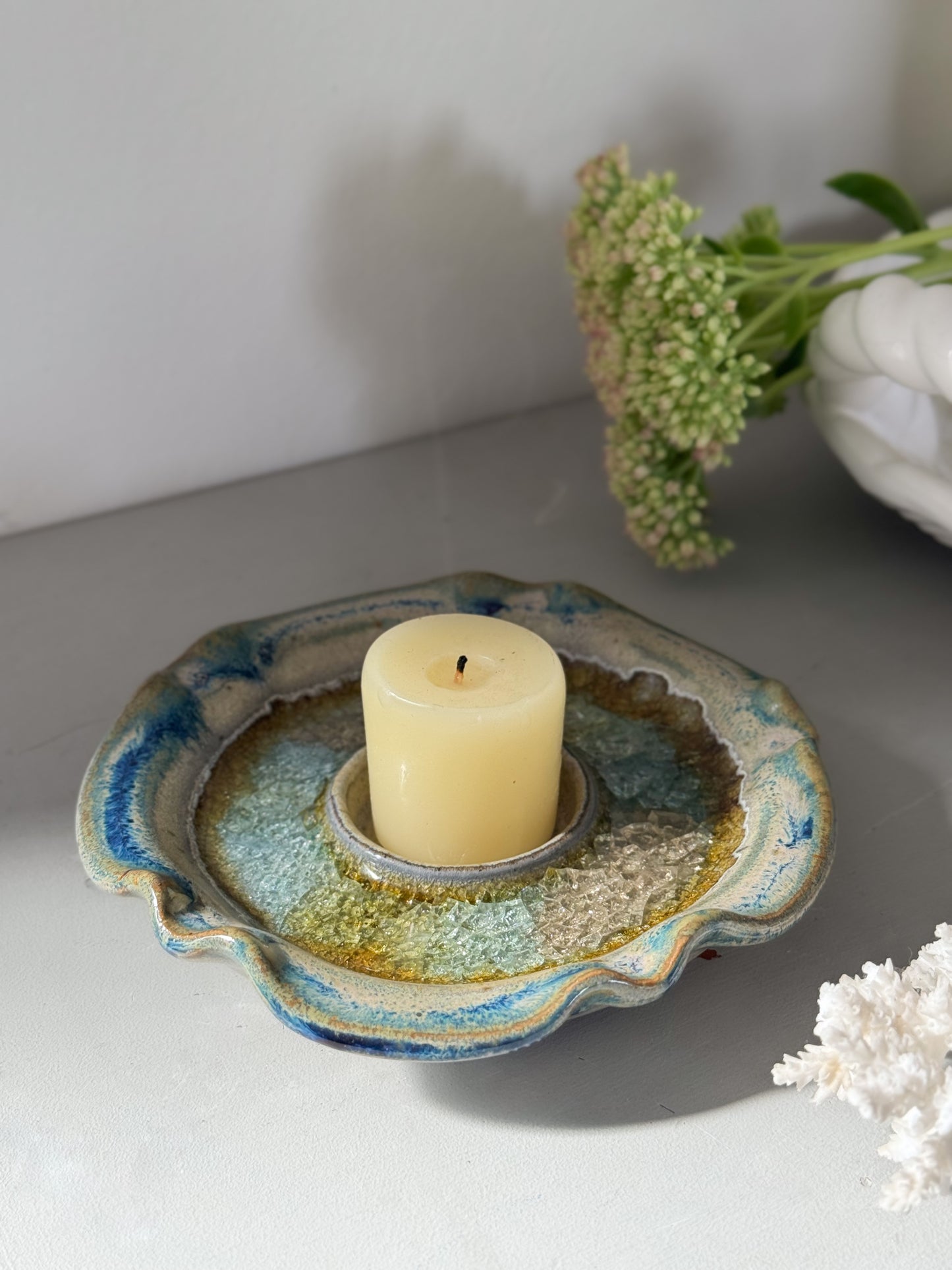Vintage Studio Pottery Crackle-Glaze Candle Holder