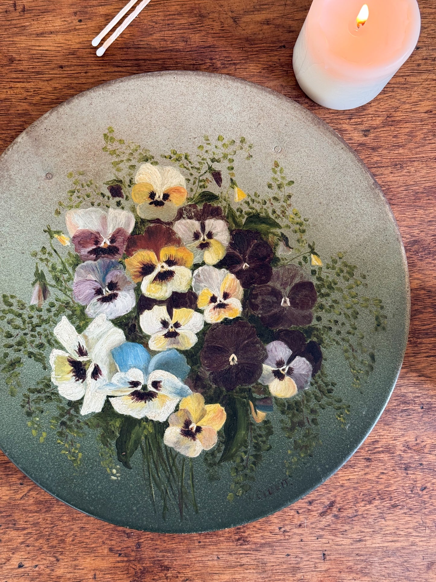 Hand-Painted Folk Art Metal Pansy Plate