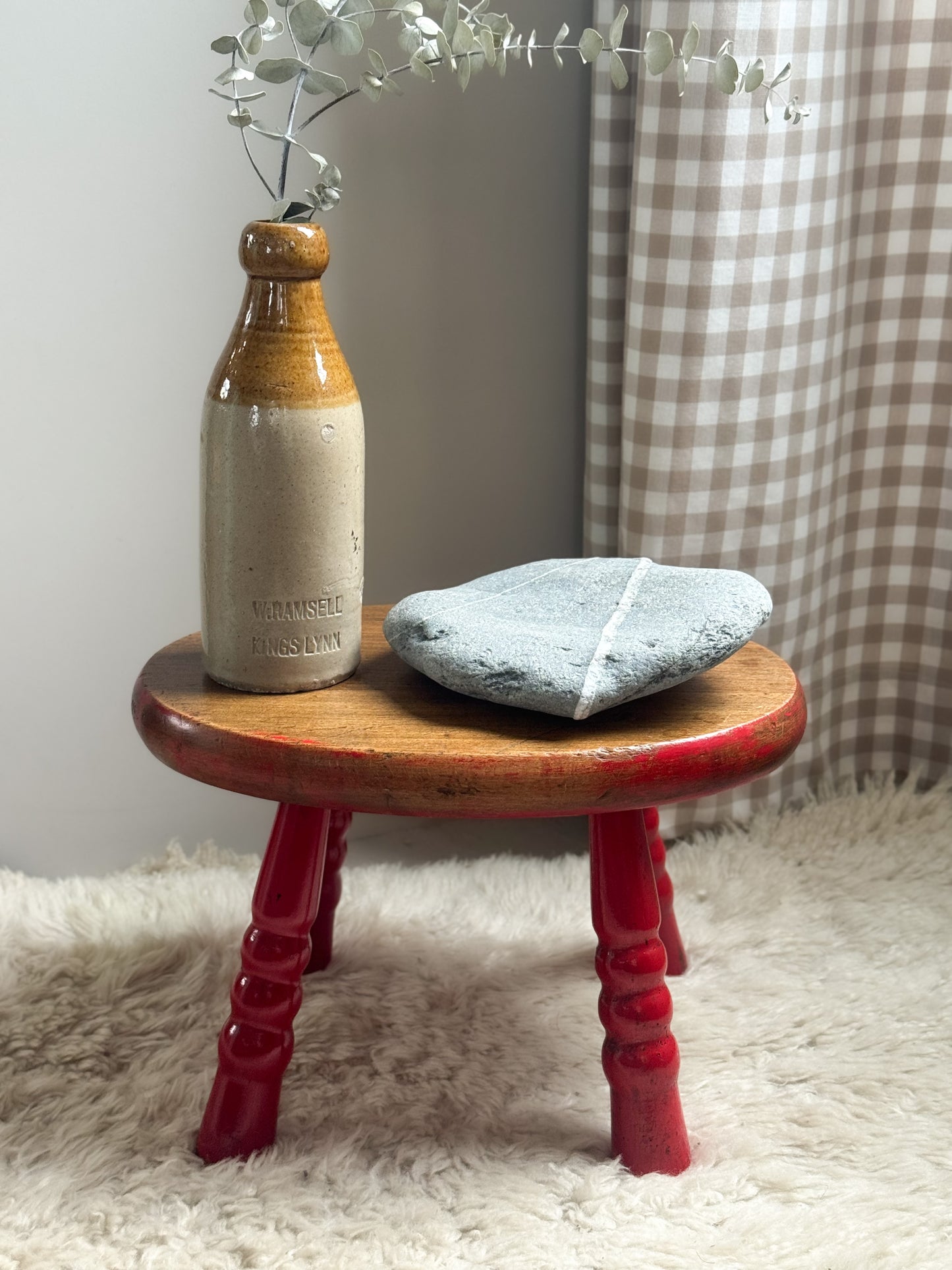 Vintage Midcentury Red Painted Handmade Wooden Stool - Made in Yugoslavia