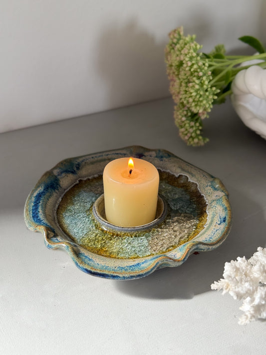Vintage Studio Pottery Crackle-Glaze Candle Holder