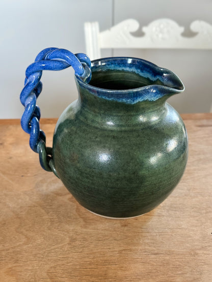 Unique Studio Pottery Drip Glaze Jug – Olive Green & Blue Roped Handle