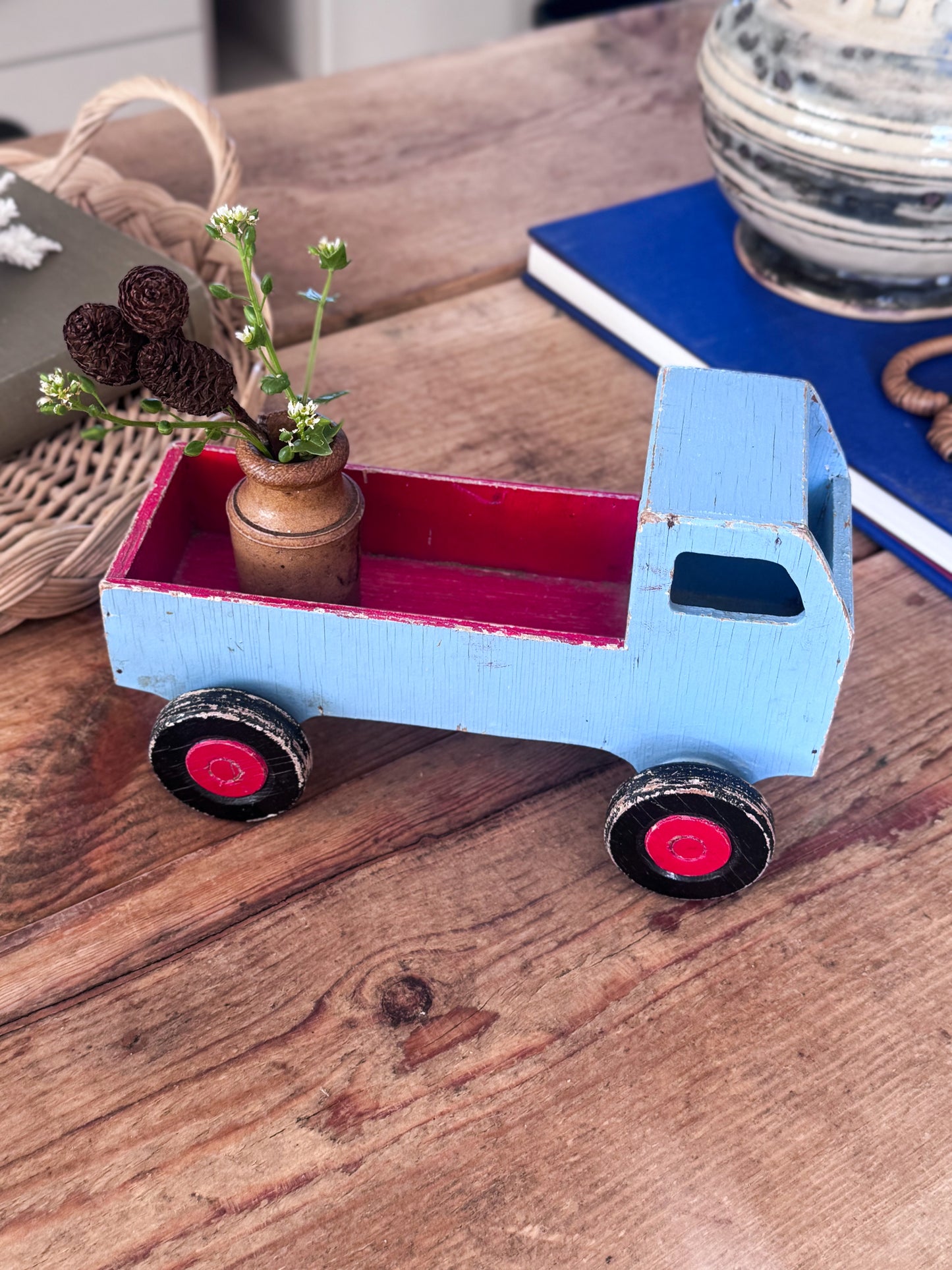 Vintage 1950s Handmade Folk Art Wooden Truck, Blue & Red Chippy Paint