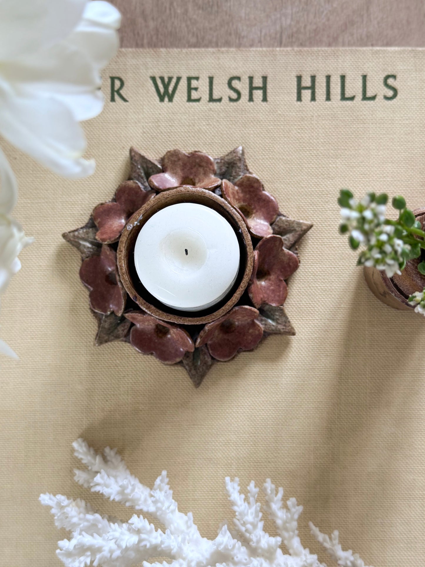 Vintage Studio Pottery Pink Floral Candle Holder by Mick & Kate Glover, Cuckoo’s Nest Pottery