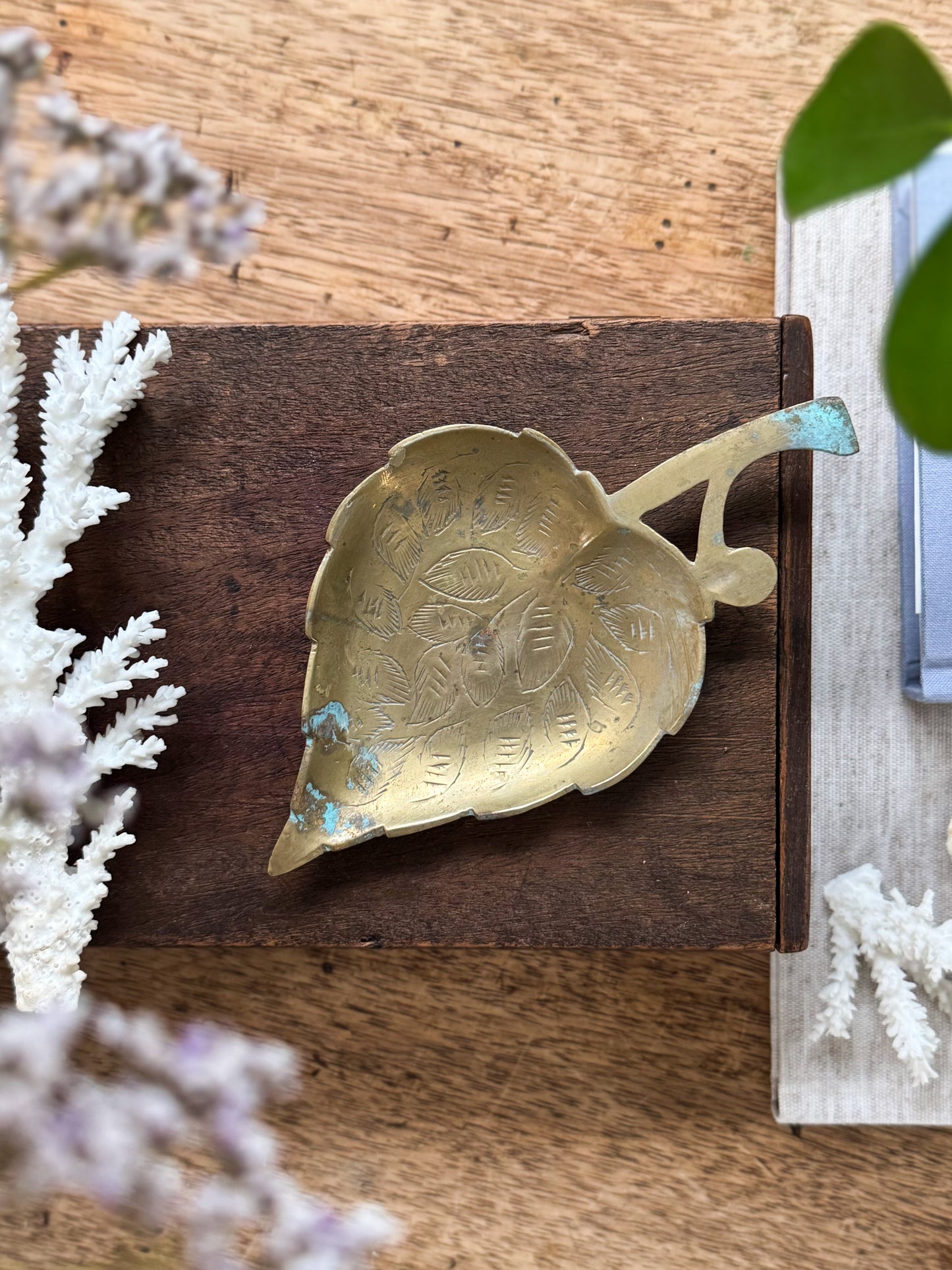 Vintage Solid Brass Leaf Trinket Dish with Natural Verdigris