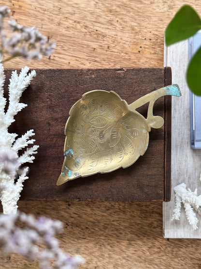 Vintage Solid Brass Leaf Trinket Dish with Natural Verdigris