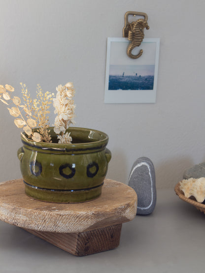 Vintage Studio Pottery Olive Green Abstract Handled Pot