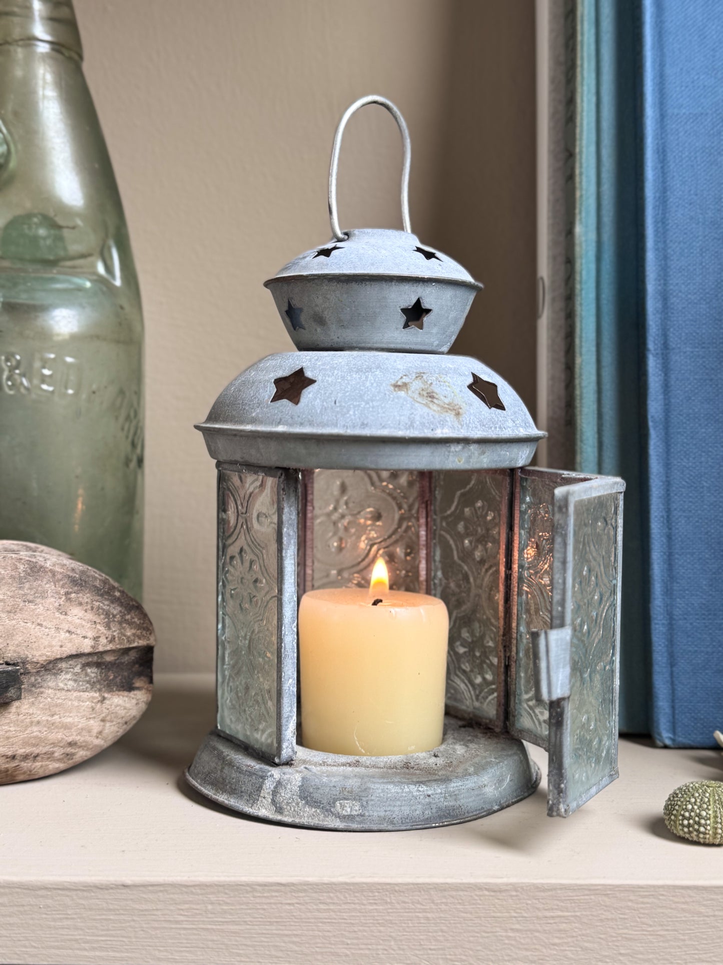 Vintage Tin & Floral Glass Lantern Candle Holder, c.1960s–70s