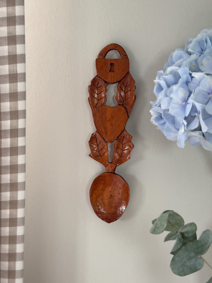 Vintage Hand-Carved Welsh Love Spoon with Lock, Heart & Leaf Motifs