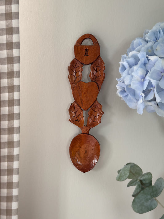 Vintage Hand-Carved Welsh Love Spoon with Lock, Heart & Leaf Motifs