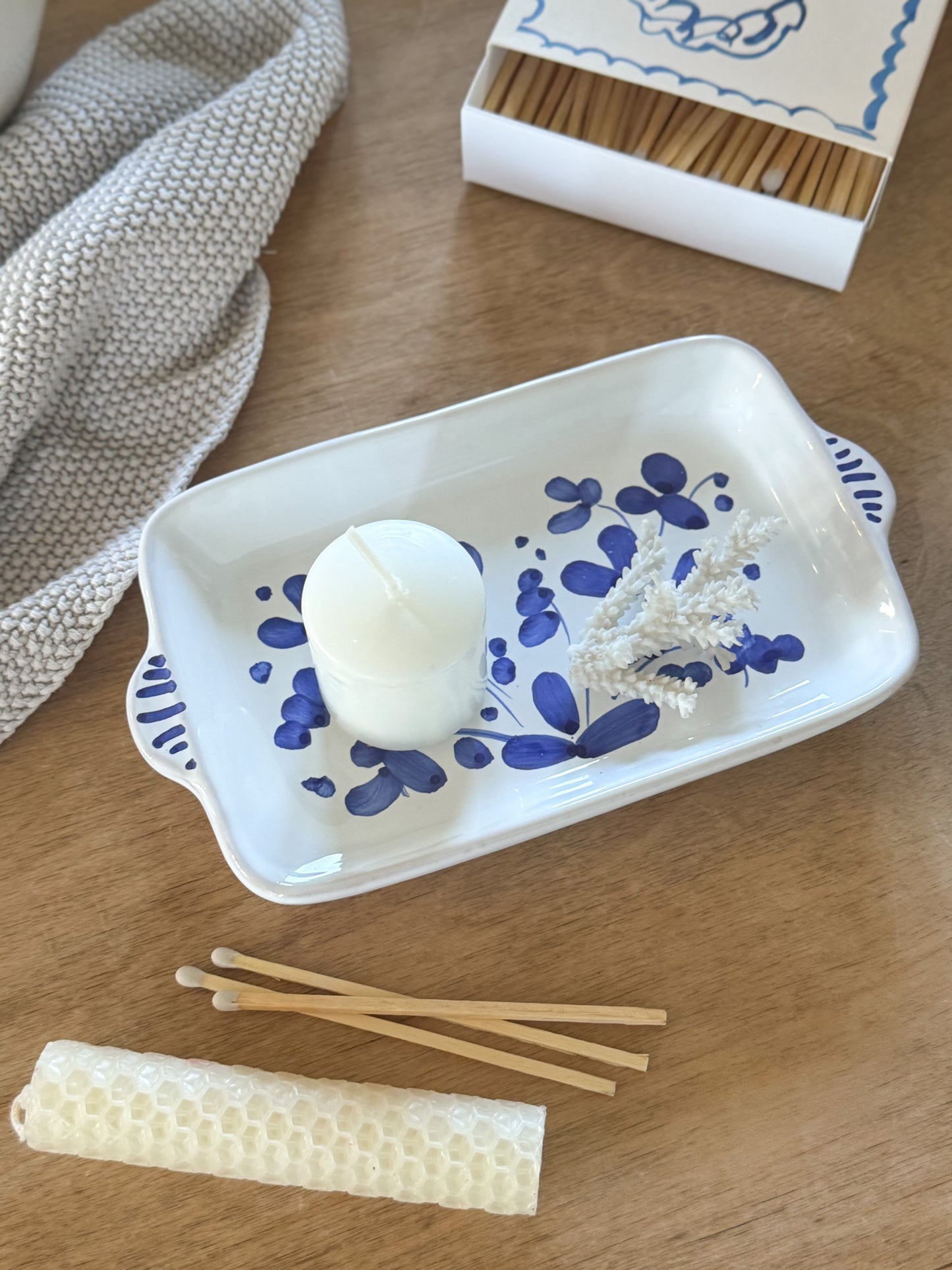 Vintage Mediterranean Studio Pottery Tray - Hand-Painted Blue Florals