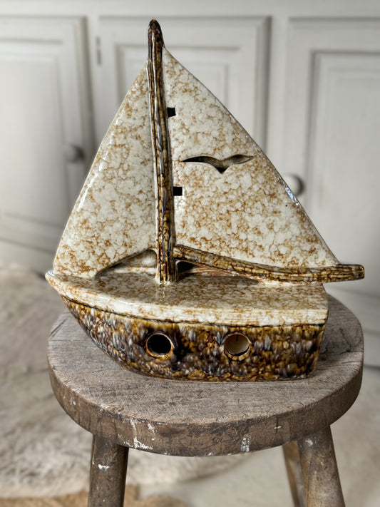 Vintage Studio Pottery Sailing Boat Sculpture | Tealight Holder