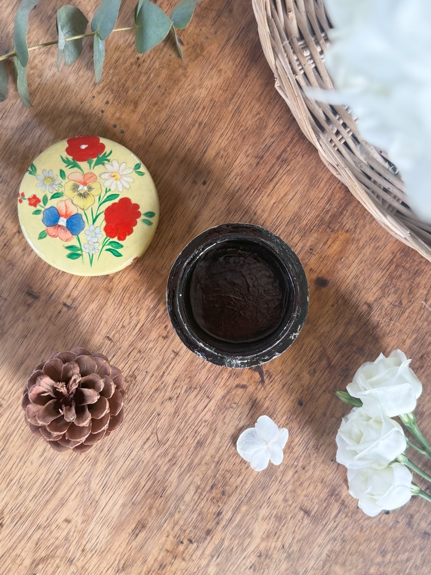 Vintage ‘Pansies’ Lacquered Paper Mache Trinket Box