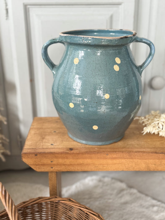 Vintage 20th Century Large Hungarian Blue Polka Dot Handled Terracotta Pot