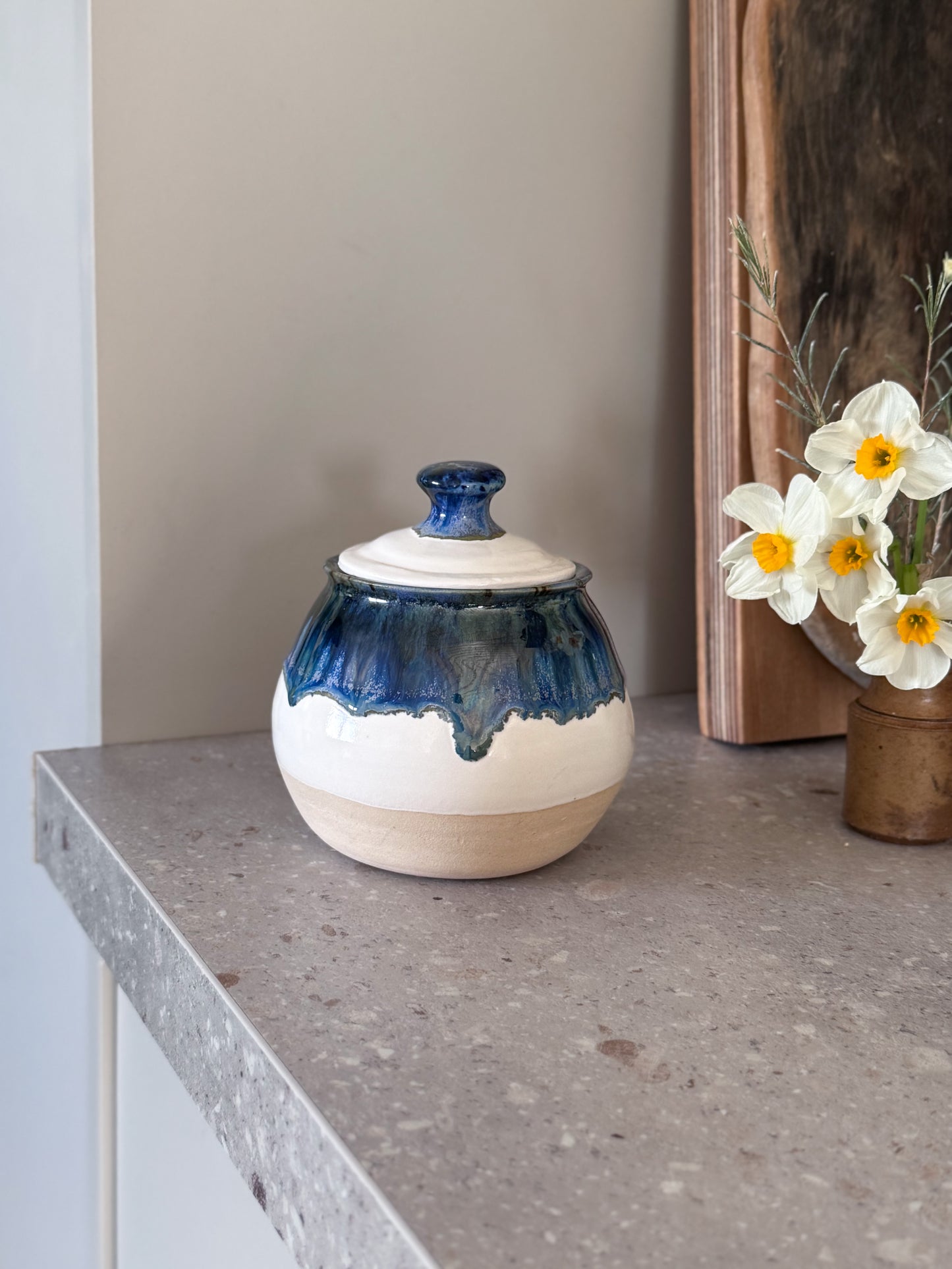 Vintage Studio Pottery Blue Drip Glaze Lidded Pot