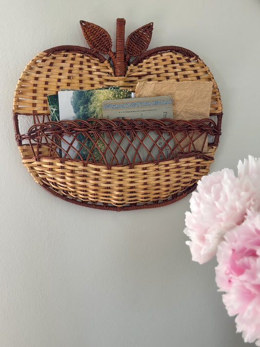 Vintage Midcentury Wicker Apple Wall Pocket / Letter Rack