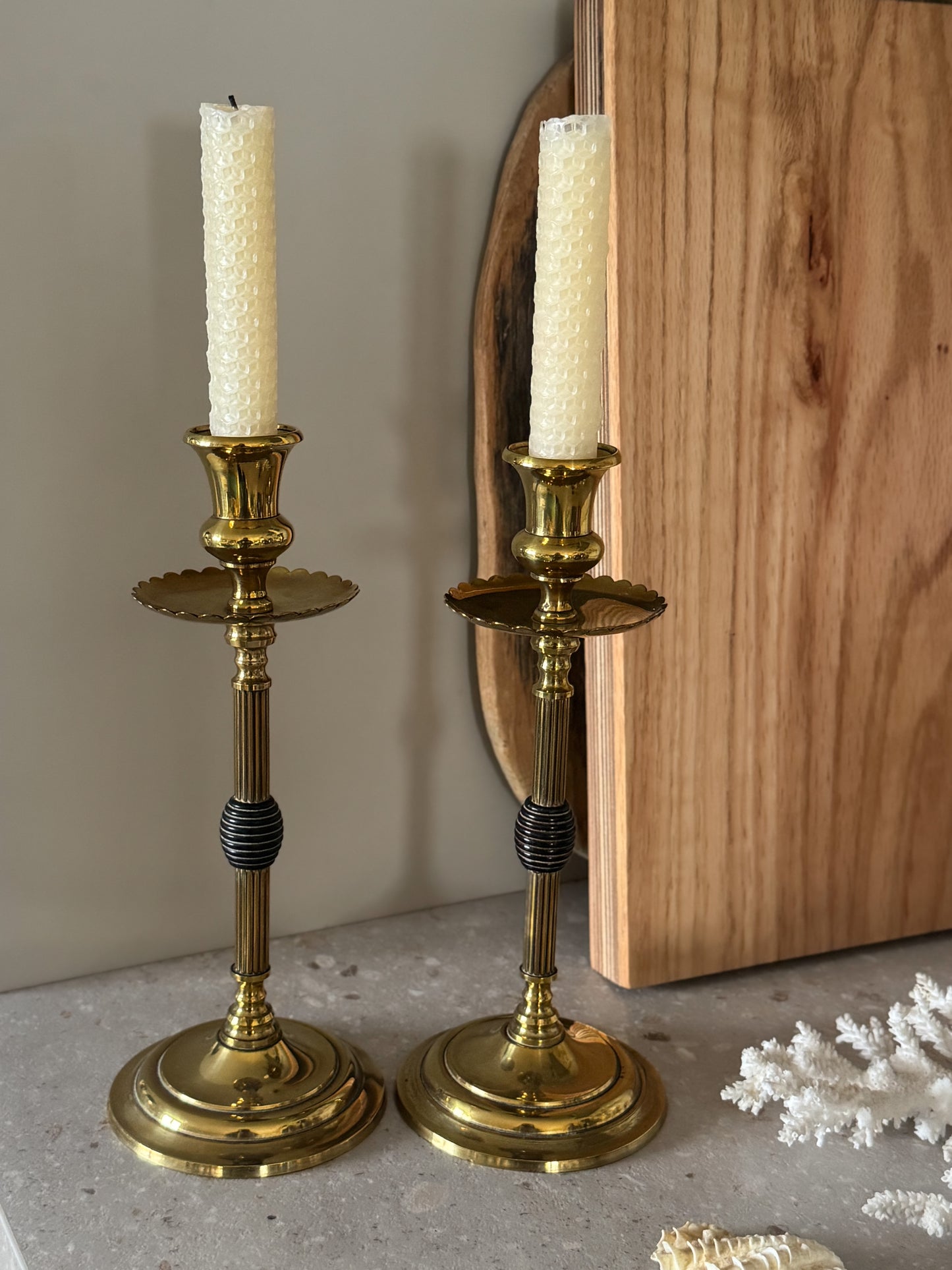 Pair of Edwardian Arts & Crafts Antique Brass Candlesticks with Scalloped Drip Trays