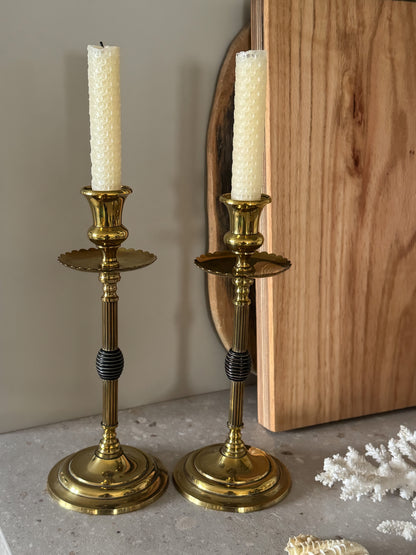 Pair of Edwardian Arts & Crafts Antique Brass Candlesticks with Scalloped Drip Trays
