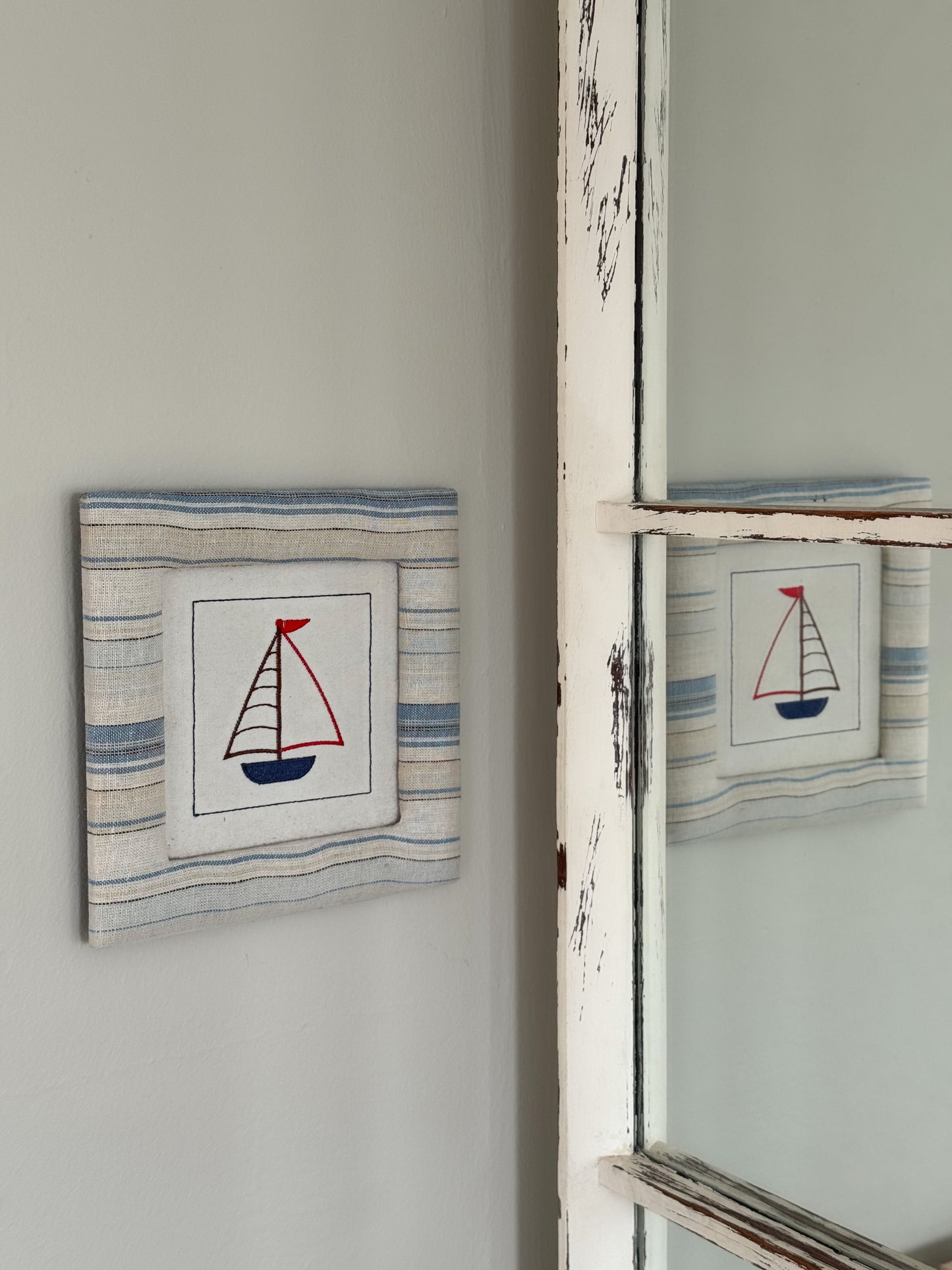 Embroidered Sail Boat in Fabric Frame