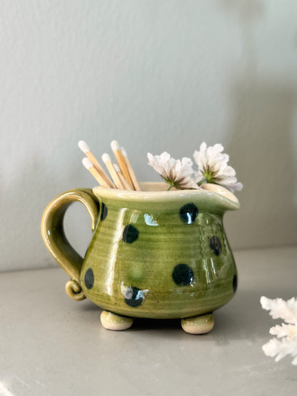 Vintage Olive Green Polka Dot Footed Creamer / Match Pot