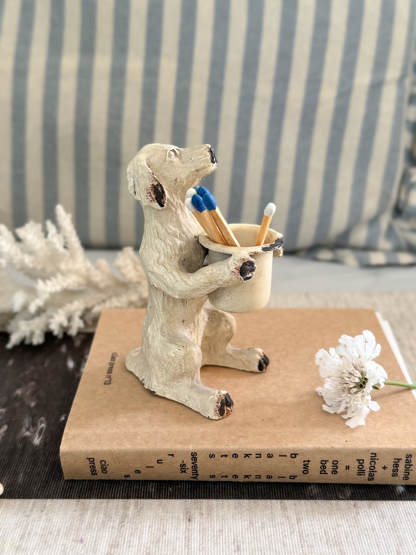 Vintage 1940s–1950s Handpainted Cast Iron Dog Candleholder / Match Holder