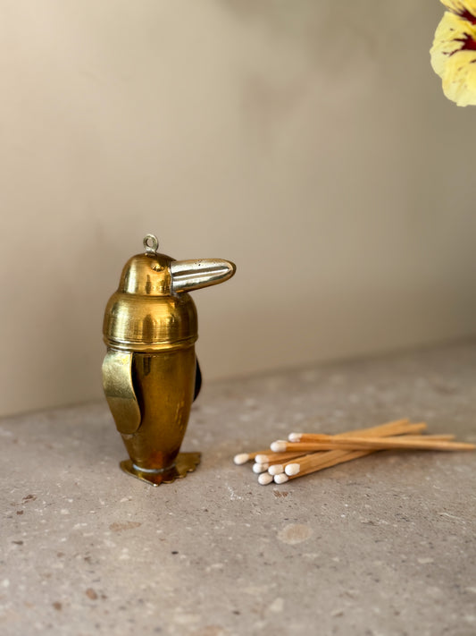 Vintage Brass Penguin Match Holder with Hanging Loop