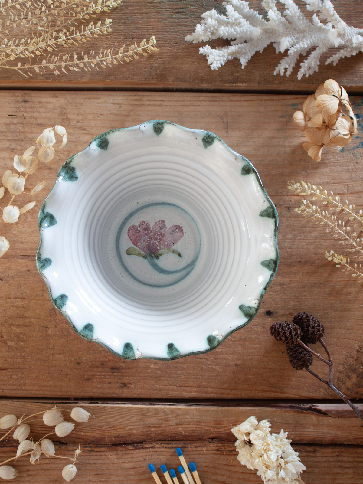 Vintage North Devon Studio Pottery Scalloped Floral Bowl