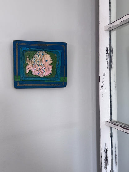 Vintage Folk Art Fish Painting, Acrylic on Pine Plaque, Signed