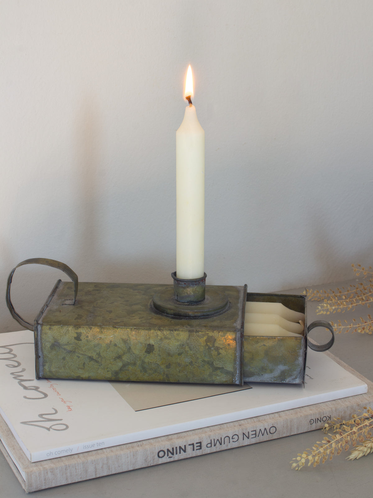 Vintage Tin Chamberstick with Candle Drawer