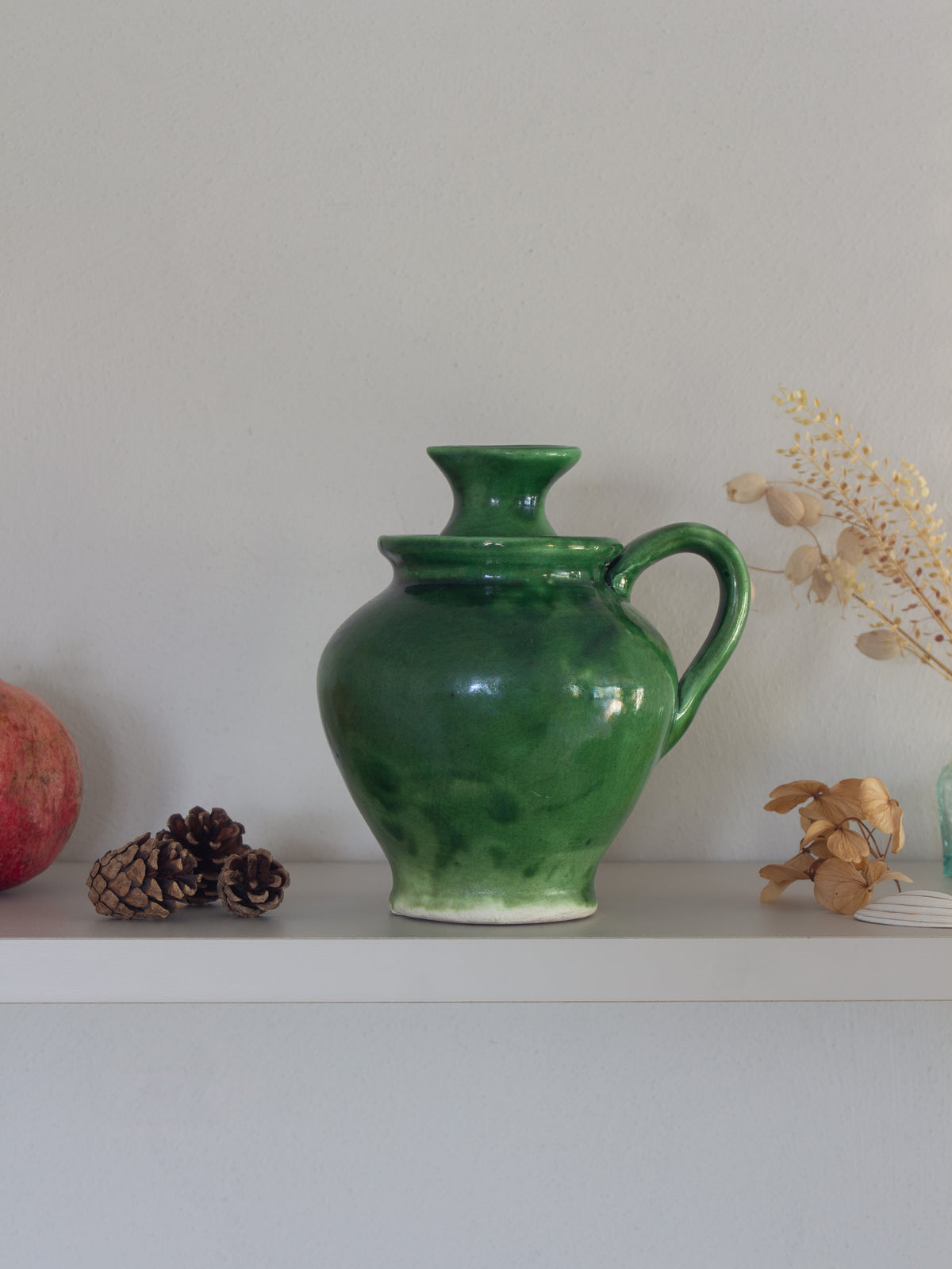 Vintage Handmade Mediterranean Green Glazed Pottery Olive Oil Jug