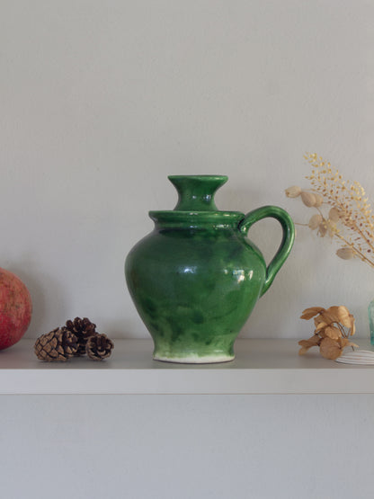 Vintage Handmade Mediterranean Green Glazed Pottery Olive Oil Jug