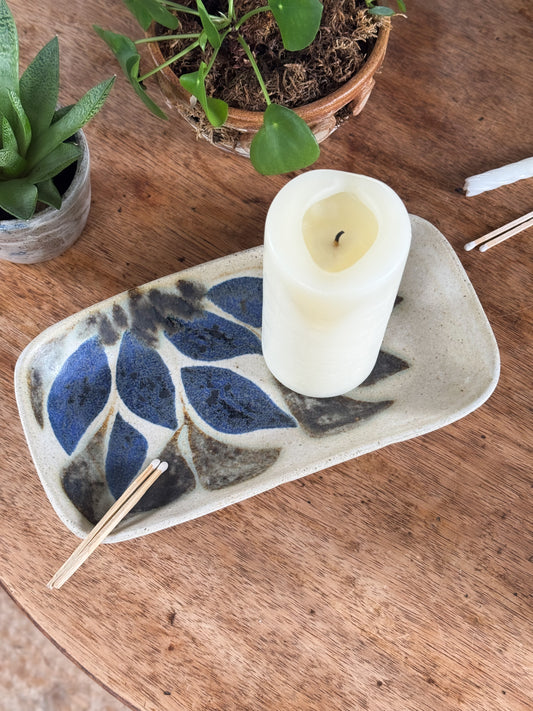 Vintage Studio Pottery Tray with Blue Leaf Design
